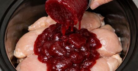 Dump canned cranberry sauce on top of chicken breasts, together with 1 ingredient, into slow cooker for a savory meal that disappears faster than anyt